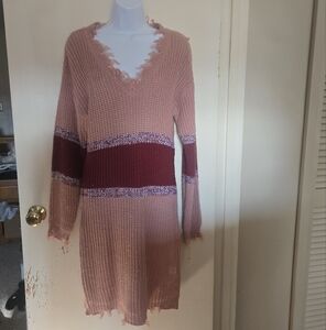 Derek Heart Sweater Dress- Pink with Burgundy Stripe- size Large- NWT